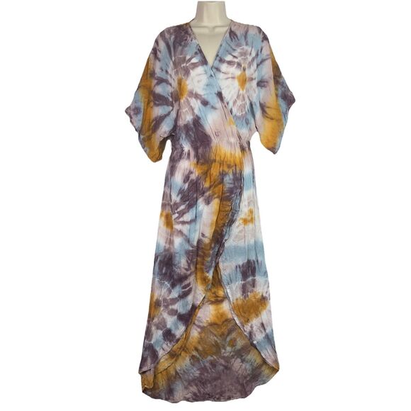 Young Fabulous & Broke Luelle Maxi Dress Sz S Tie Dye Starburst Wrap Asym Beachy - Picture 2 of 16